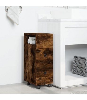 vidaXL Narrow Bathroom Cabinet with Wheels Smoked Oak Engineered Wood