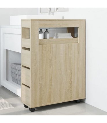 vidaXL Narrow Bathroom Cabinet with Wheels Sonoma Oak Engineered Wood — V0672055272