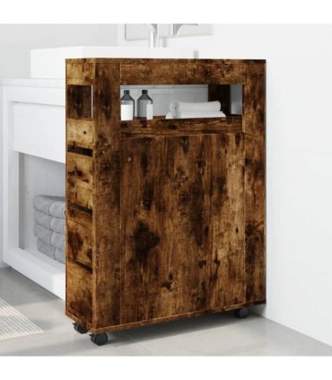 vidaXL Narrow Bathroom Cabinet with Wheels Smoked Oak Engineered Wood — V0672055281