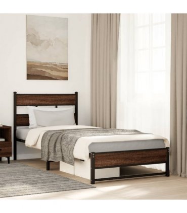 vidaXL Metal Bed Frame without Mattress Brown Oak — Size: 90 x 190 cm, Model: with headboard & dual low footboard — V0672055418
