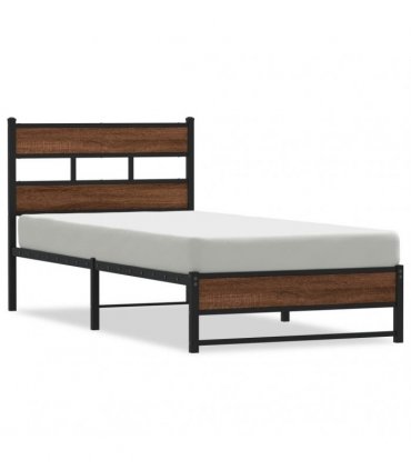 vidaXL Metal Bed Frame without Mattress Brown Oak — Size: 90 x 190 cm, Model: with headboard & dual low footboard — V0672055418