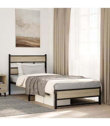 vidaXL Metal Bed Frame without Mattress Sonoma Oak — Size: 90 x 200 cm, Model: with headboard & dual low footboard — V0672055453