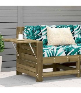 vidaXL Garden Armrest Sofa with Cushion Impregnated Wood Pine — Colour: brown/green leaf, Model: corner sofa with side table