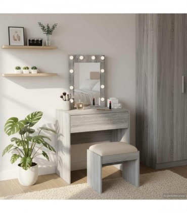 vidaXL Dressing Table with Drawer Grey 60 x 40 x 70 cm Engineered Wood — Colour: Grey sonoma, Model: with led