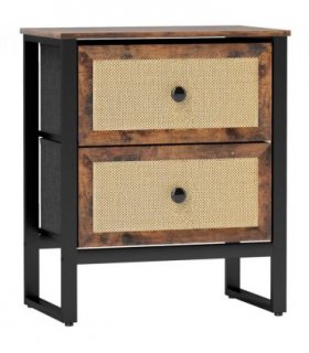 HOMCOM Bedside Table with 2 Rattan Drawers and Steel Legs, Rustic Brown