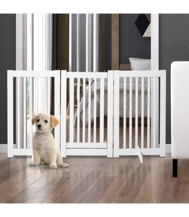 MDF Dog Gate Step over Panel Fence Expandable Folding w/Latch Support Feet White