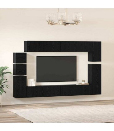 vidaXL TV Cabinet Set Wall-mounted 9 pcs Black Oak Engineered Wood