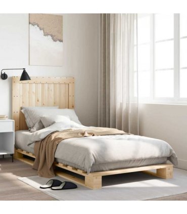 vidaXL Bed Frame | Natural Pine | Solid Pinewood | Single size | Durable — Size: 90 x 200 cm, Model: with plain headboard