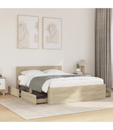 vidaXL Bed Frame with Headboard without Mattress Sonoma Oak 135x190 cm Double — Size: 135 x 190 cm