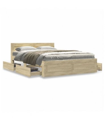 vidaXL Bed Frame with Headboard without Mattress Sonoma Oak 135x190 cm Double — Size: 135 x 190 cm