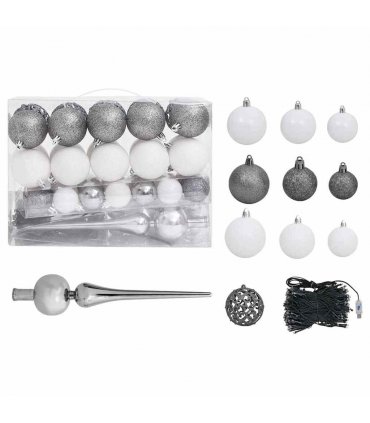 vidaXL Artificial Pre-lit Christmas Tree with Ball Set Pine Cones 150 cm — Colour: white and grey, Size: 150 x 89 cm
