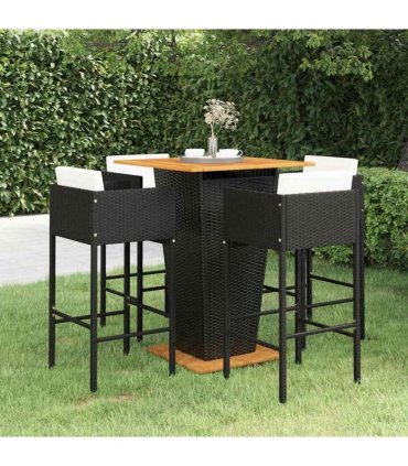 vidaXL 5 Piece Garden Bar Set with Cushions Poly Rattan Black — Size: 80 x 80 x 110 cm