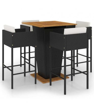 vidaXL 5 Piece Garden Bar Set with Cushions Poly Rattan Black — Size: 80 x 80 x 110 cm
