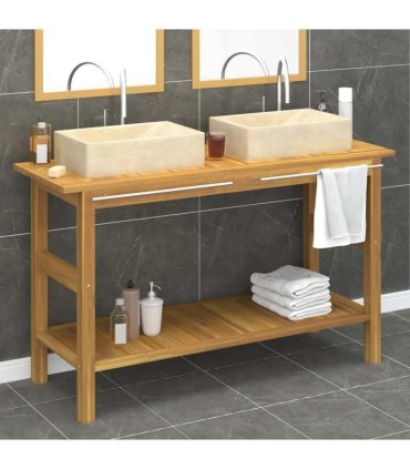 vidaXL Bathroom Vanity Cabinet with Cream Marble Sinks Solid Wood Teak — Model: without basket — V0672129485