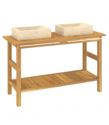 vidaXL Bathroom Vanity Cabinet with Cream Marble Sinks Solid Wood Teak — Model: without basket — V0672129485