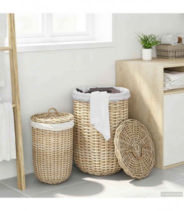 vidaXL Laundry Basket with Lid 2 pcs Natural Grey Kubu Rattan