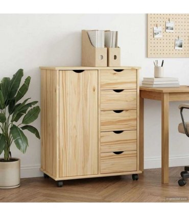 vidaXL Rolling Cabinet Brown 63.5 x 39 x 79 cm Solid Pine Wood