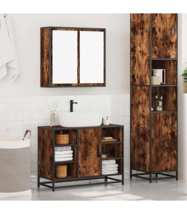 vidaXL 2 Piece Bathroom Furniture Set Smoked Oak Engineered Wood — V0672138866