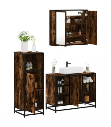 vidaXL 3 Piece Bathroom Furniture Set Smoked Oak Engineered Wood — V0672138870