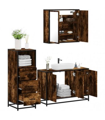 vidaXL 3 Piece Bathroom Furniture Set Smoked Oak Engineered Wood — V0672138872