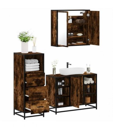 vidaXL 3 Piece Bathroom Furniture Set Smoked Oak Engineered Wood — V0672138875