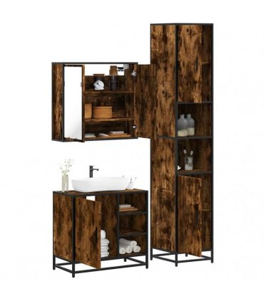 vidaXL 3 Piece Bathroom Furniture Set Smoked Oak Engineered Wood — V0672138879