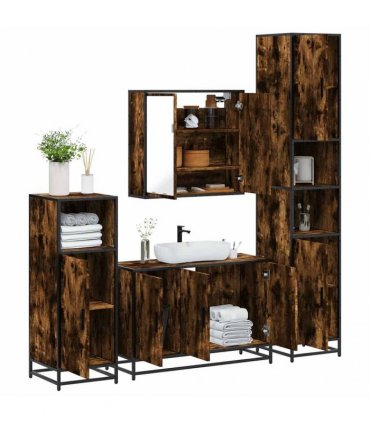 vidaXL 4 Piece Bathroom Furniture Set Smoked Oak Engineered Wood — V0672138882