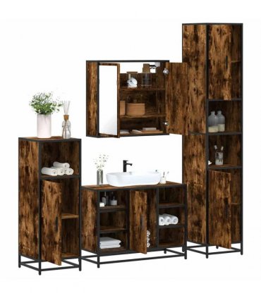 vidaXL 4 Piece Bathroom Furniture Set Smoked Oak Engineered Wood — V0672138885