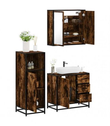 vidaXL 3 Piece Bathroom Furniture Set Smoked Oak Engineered Wood — V0672139769