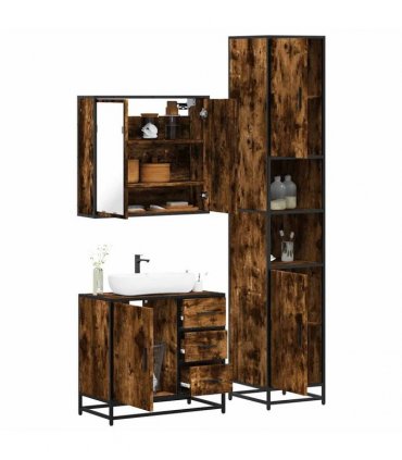 vidaXL 3 Piece Bathroom Furniture Set Smoked Oak Engineered Wood — V0672139771