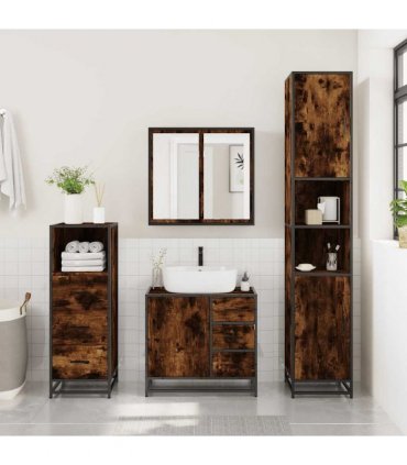 vidaXL 3 Piece Bathroom Furniture Set Smoked Oak Engineered Wood — V0672139771