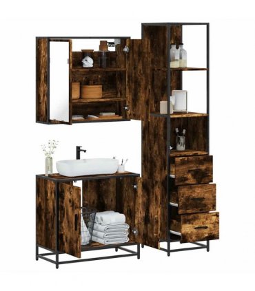 vidaXL 3 Piece Bathroom Furniture Set Smoked Oak Engineered Wood — V0672139772