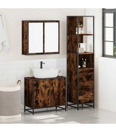vidaXL 3 Piece Bathroom Furniture Set Smoked Oak Engineered Wood — V0672139772