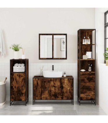 vidaXL 3 Piece Bathroom Furniture Set Smoked Oak Engineered Wood — V0672139773