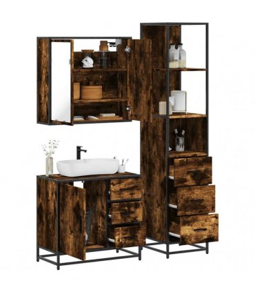 vidaXL 3 Piece Bathroom Furniture Set Smoked Oak Engineered Wood — V0672139774