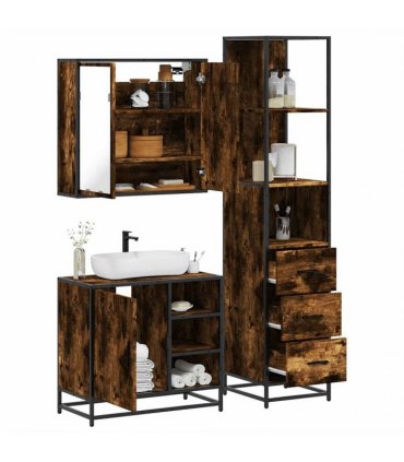 vidaXL 3 Piece Bathroom Furniture Set Smoked Oak Engineered Wood — V0672139776