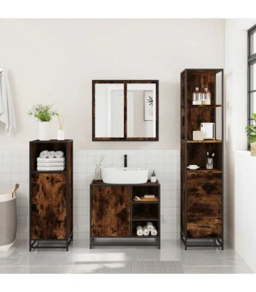 vidaXL 3 Piece Bathroom Furniture Set Smoked Oak Engineered Wood — V0672139776