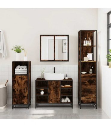 vidaXL 3 Piece Bathroom Furniture Set Smoked Oak Engineered Wood — V0672139777