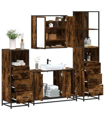 vidaXL 4 Piece Bathroom Furniture Set Smoked Oak Engineered Wood — V0672139780