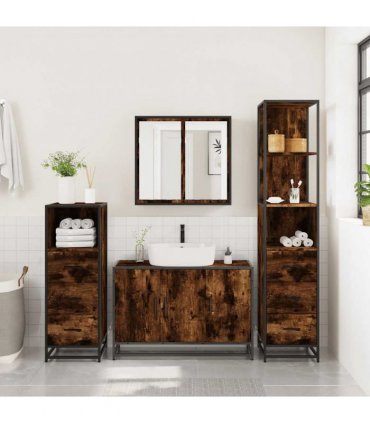 vidaXL 4 Piece Bathroom Furniture Set Smoked Oak Engineered Wood — V0672139780