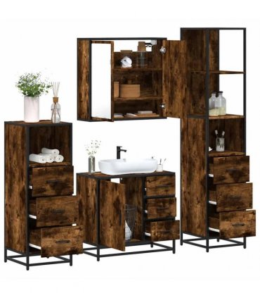 vidaXL 4 Piece Bathroom Furniture Set Smoked Oak Engineered Wood — V0672139781
