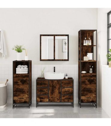 vidaXL 4 Piece Bathroom Furniture Set Smoked Oak Engineered Wood — V0672139782