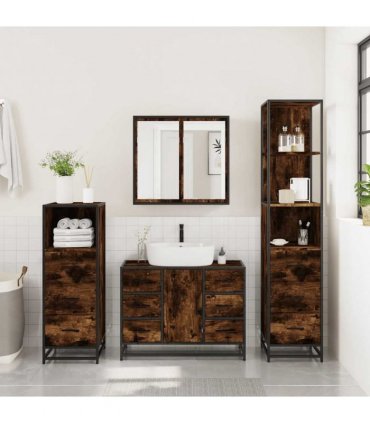 vidaXL 4 Piece Bathroom Furniture Set Smoked Oak Engineered Wood — V0672139784