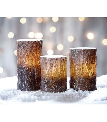 LED Wax Candle Set of 3 Bark Design — Colour: Brown
