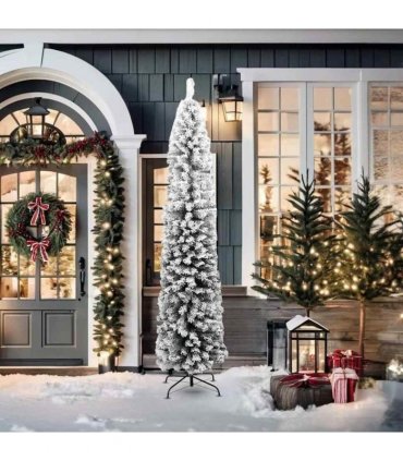 vidaXL Fake Xmas Tree | Green with White Snow Flocking | PVC, Steel | Slim — Size: 210 cm, Model: basic