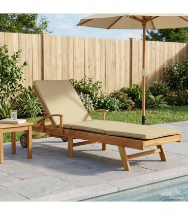 vidaXL Sun Lounger with Cushion 100% Polyester Solid-Teak — Colour: Brown and beige, Model: without table