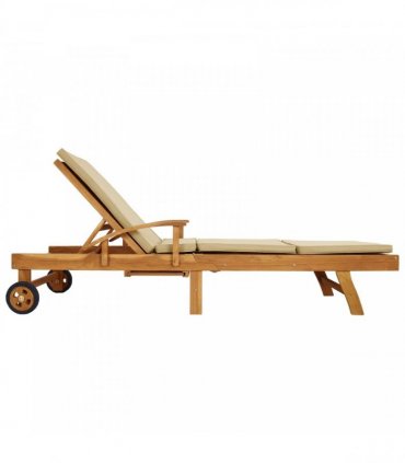 vidaXL Sun Lounger with Cushion 100% Polyester Solid-Teak — Colour: Brown and beige, Model: without table