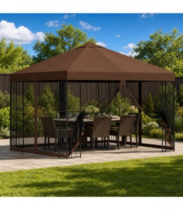 vidaXL Garden Gazebo with Sidewalls 3 x 3 m Brown Polyester and Steel — Model: with 4 sidewalls — V0672168099