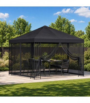 vidaXL Garden Gazebo with Sidewalls 3 x 3 m Black Polyester and Steel — Model: with 4 sidewalls — V0672168102