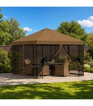 vidaXL Garden Gazebo with Sidewalls 3 x 3 m Taupe Polyester and Steel — Model: with 4 sidewalls — V0672168110